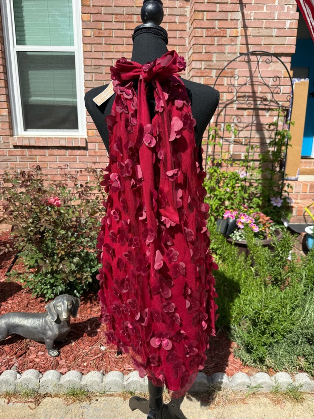 TCEC Burgundy Halter Midi Dress with 3D Floral Appliqués - Picture 2 of 4